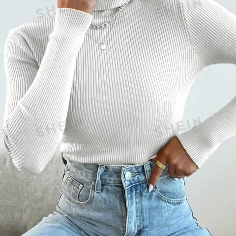 Women High Neck Long Sleeve Fitted Pullover Sweater