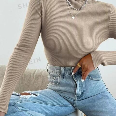 Women High Neck Long Sleeve Fitted Pullover Sweater