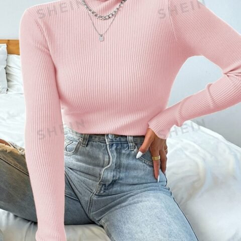 Women High Neck Long Sleeve Fitted Pullover Sweater